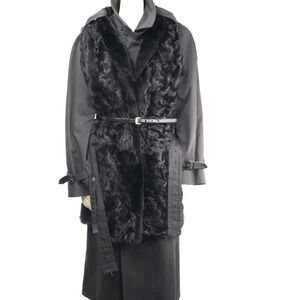 Vintage Black Belted Trench Coat Lamb Fur Vest Lined Winter Jacket Women’s L